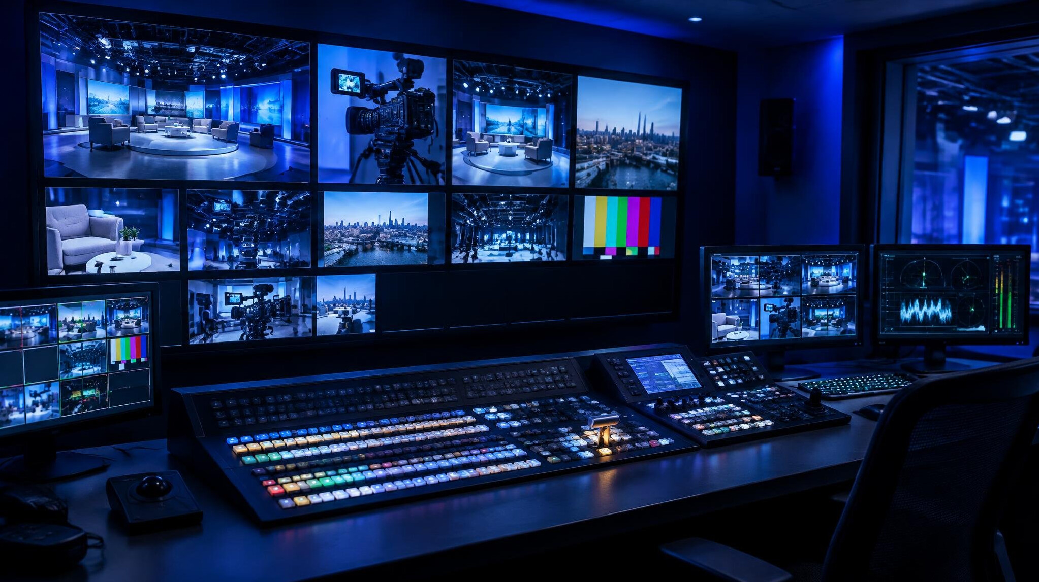Production gallery with a wall of monitors