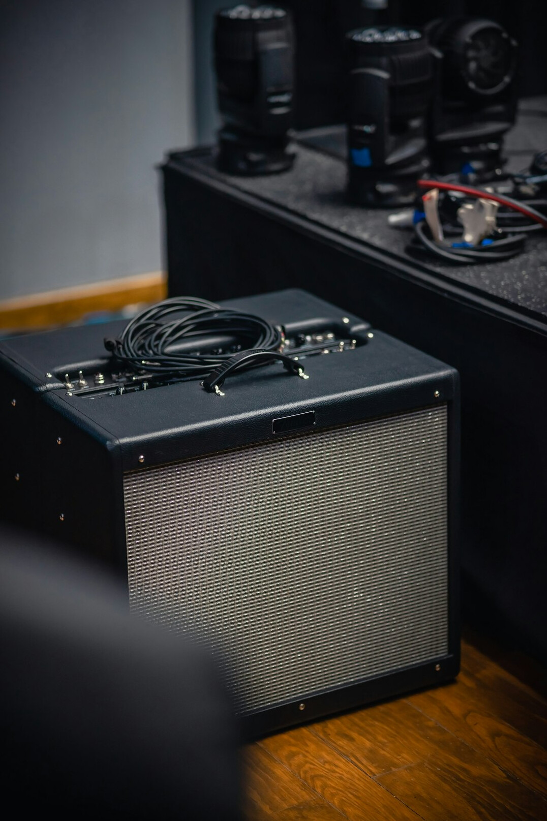 Studio equipment set up with cables and cameras