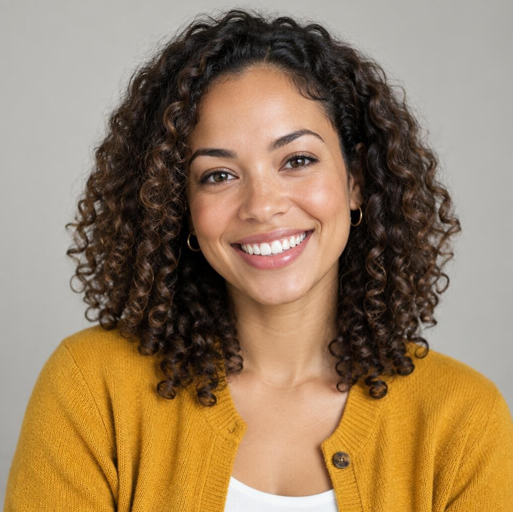 Portrait of a woman with curly brown hair smiling